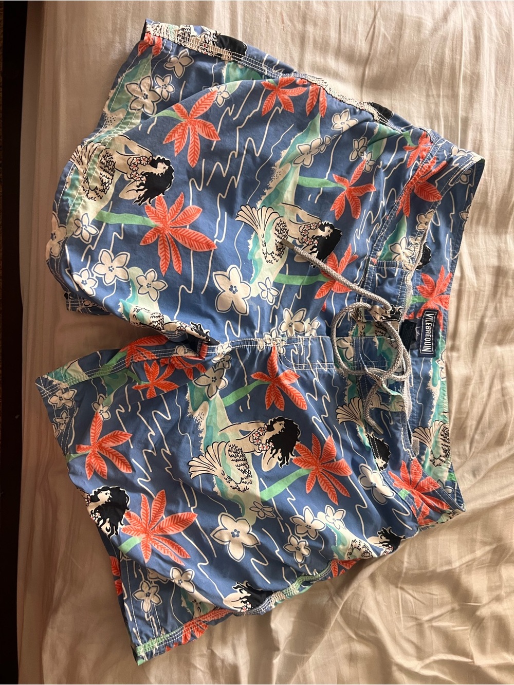Vilebrequin Blue Swim Trunks with Orange & Green Floral Print